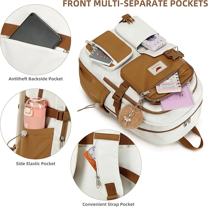 Laptop Backpack 15.6 Inch Kids Elementary Middle High School Bag College Backpacks Anti Theft Travel Back Pack Large Bookbags for Teens Girls Women Students (Beige Khaki)