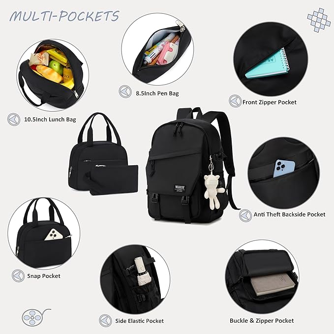 Caoroky knight College Laptop Backpack for Men Women 3 PCS Set Bookbag School Backpacks with Lunch Bag Pencil Case Anti Theft Travel Backpack Rucksack-Large,Black