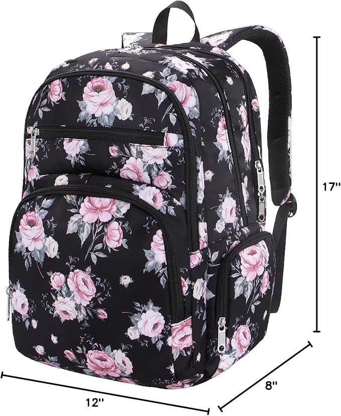 Large Backpack for Women Backpack with Lots of Pockets for Travel Work School Bookbag with Laptop Compartment for High School College Girls Mochilas Morrales para Mujer (Black/Pink, Floral)