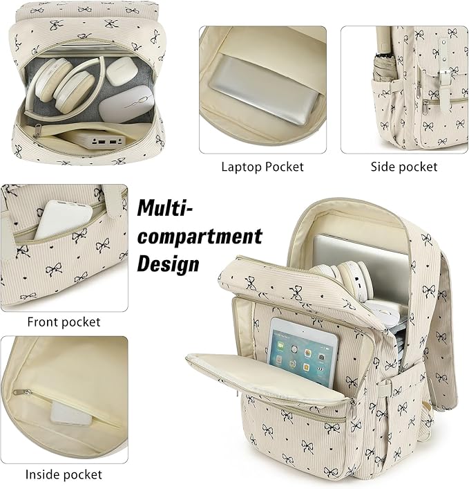 Corduroy Travel Backpack for Women, 15.6 Inch College Laptop Backpack, Fashion School Bookbag Work Backpacks (Corduroy Bow Tie)