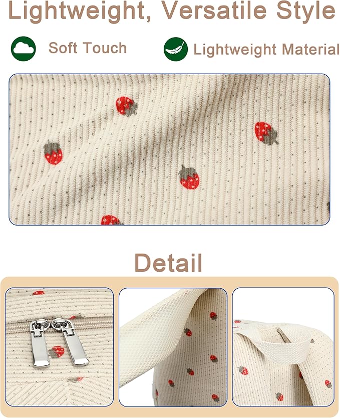 Hidds School Backpack for Teens Girls Women 15.6 Inch Laptop College Backpacks Corduroy Work Bag Kids Elementary Middle High Campus Bookbag Students Pack Travel Daypack Womens - Beige Strawberries
