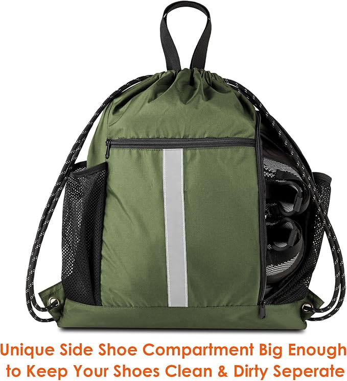BeeGreen Moss Green Drawstring Bag Pack Sport Cinch Sack with Shoe Compartment and Two Side Mesh Pockets Heavy Duty Gym String Backpack for Unisex
