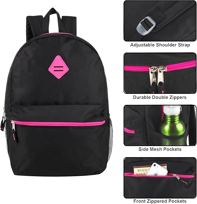 Large School Backpacks with Mesh Side Pockets – Classic 19 Inch Solid Color Backpacks for Kids, Men, Women, Travel