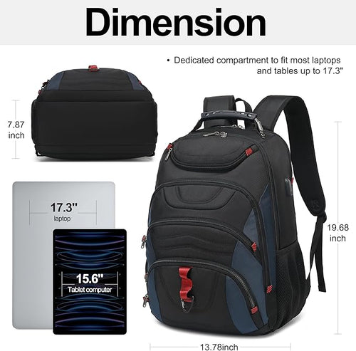 Boavan Laptop Backpack for men, 17.3 inch Laptop Bag with USB Port, Waterproof Travel Work Backpack Purse, Anti-Theft Teacher Nurse Doctor Casual Bookbags Office Business backpack，Black&Classic Navy