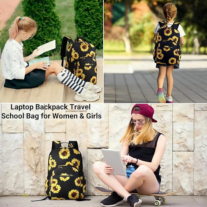 Leaper Laptop Backpack for Women: Cute Girls Sunflower Bookbag for School College Travel Work - Lightweight Book Bag Floral for Kids Teen - Aesthetic Back Pack Stylish Hiking Daypack for Teacher Black