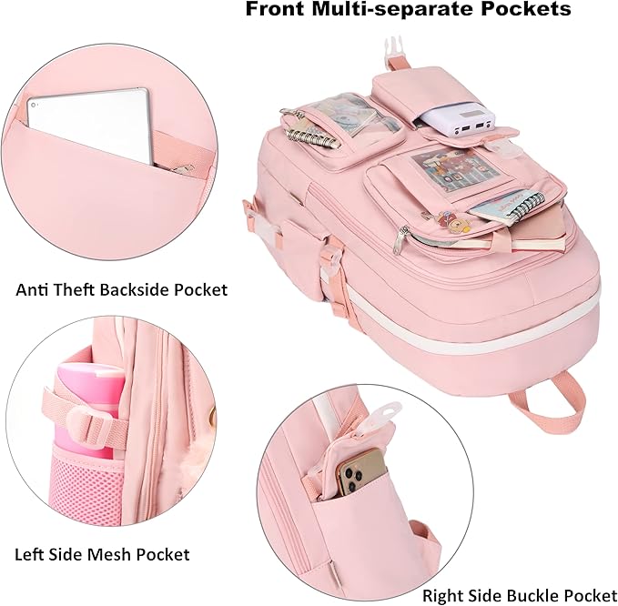 Backpack for Girls with Accessories Laptop Bookbags 16 Inch Kawaii Kids Elementary Middle High School Bag College Travel Daypack Gifts for Teens Women Students (Pink)