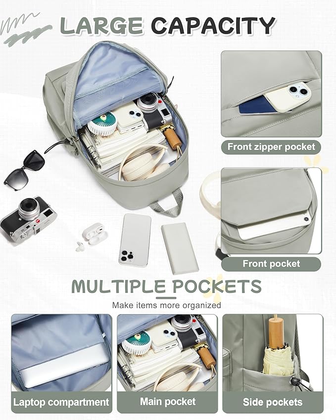 SEAFEW Small Green School Backpack Women, Unisex Lightweight Backpack School Bag Water-resistant Casual Rucksack fits 14 inch Laptop for Boys Girls Men and Women Bookbag College Daypack for Teenage