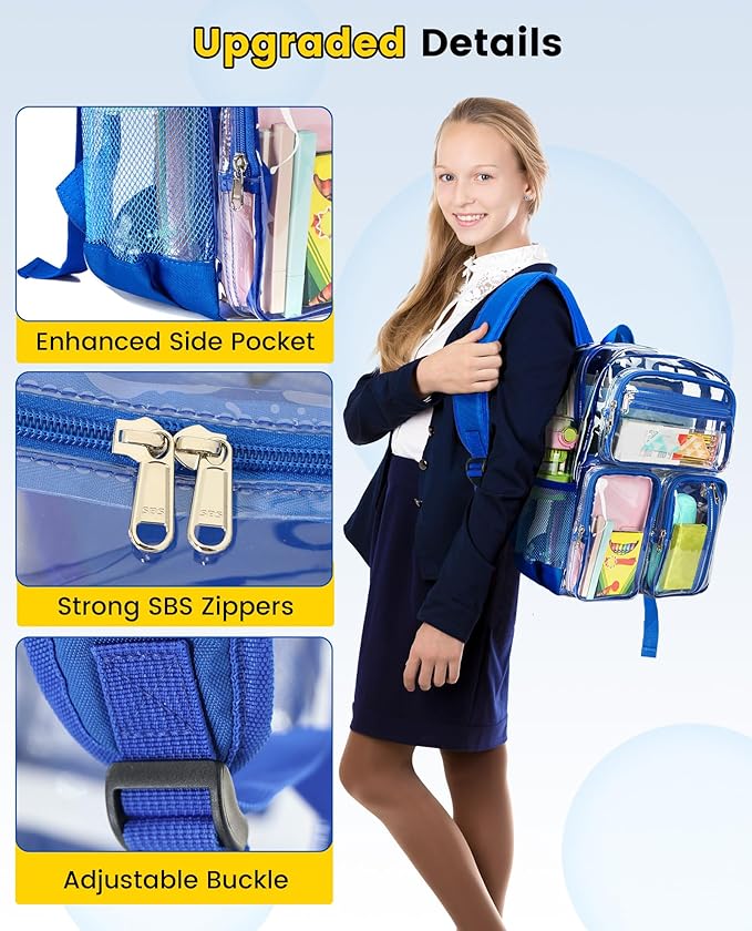Vorspack Clear Backpack for School - Heavy Duty See Through Bookbag for Girls Boys Large Transparent Backpacks for Work, Travel, Festival - Blue