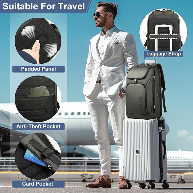 hk Business Smart Backpack for Men Anti-Theft for 17.3 Inch Laptop with USB Charging Port Water-Resistant Large Durable Compact 30L for Travel College Work-Green