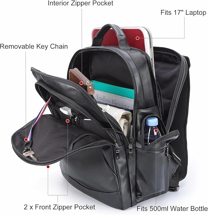 TIDING Genuine Leather Backpack for Men Large Capacity 17.3 Inch Laptop Bag Black Waterproof Business Work Travel Daypack