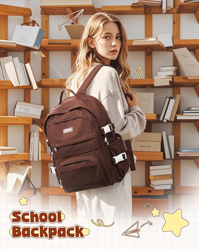 School Backpack for Teen Girls Boys Multi-pocket Middle School Bag Cute College Backpack for Women Men Elementary Student Bookbags Aesthetic Backpacks Casual Daypacks Coffee