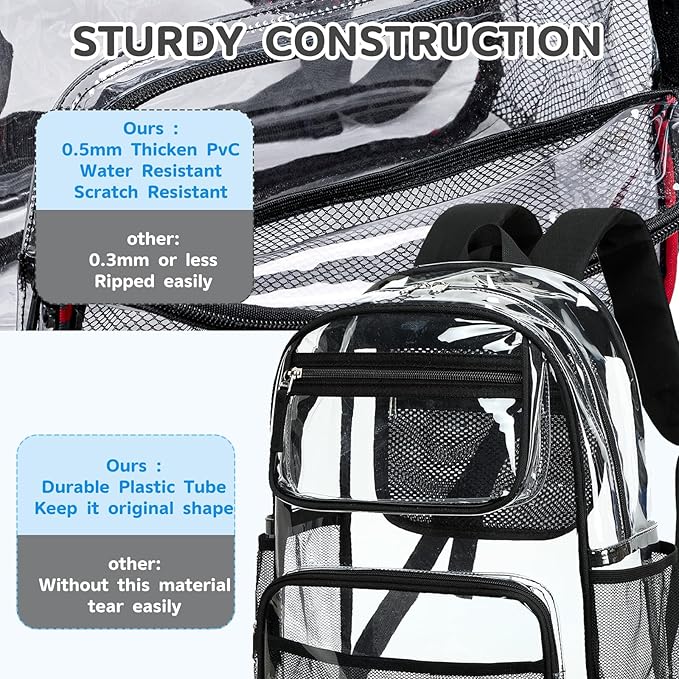 Bluboon Clear Backpack Heavy Duty Kids Boys Clear Bookbag See Through Backpacks with Pencil Case for College Work (Transparent Black)