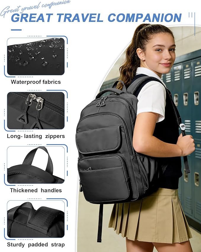 School Backpack for Women Men, Water Resistant Backpacks for Girls 15.6 Laptop Multifunction Casual Daypack, Basic College Backpack School Bookbag Mochilas Escolares para Niñas, Black