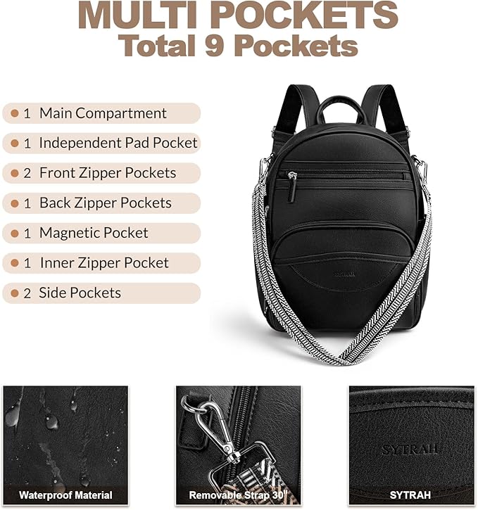 Small Backpack Purse for Women, Mini Backpack Vegan Leather with RFID Blocking & Tablet Pocket, Cute Shoulder Handbag for Travel, School & Work Black