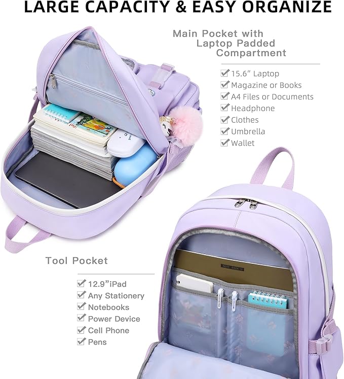 LXYGD Backpack for Girls with Accessories Laptop Bookbags 16 Inch Kawaii Kids Elementary Middle High School Bag College Travel Daypack Gifts for Teens Women Students (Purple)