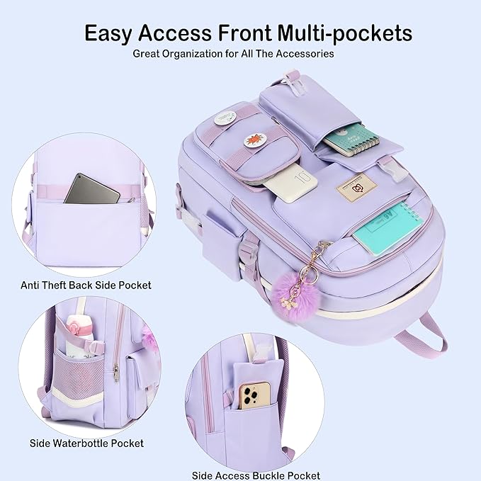 Hidds School Backpack for Teen Girls Women College Laptop Backpacks Girl Cute Bookbag Set with Lunch Box Pencil Case Kids Elementary Middle High Bag 3 Pcs Students Bookbags Set Travel Daypack-Purple