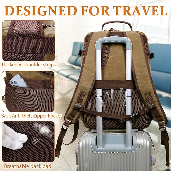 BOVIP Travel Backpack for Men Carry On Backpack Flight Approved Personal Item Backpack, 18.4 inch Laptop Backpack Casual Daypack Weekender Business Hiking Backpack, Brown