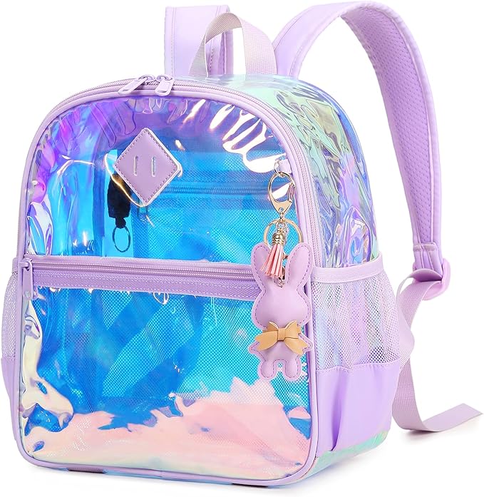 Clear Backpack for Stadium Events Approved 12×6×12, Thick TPU Mini Clear Bag with Front Pocket for Concert Sport Events Work Travel, Purple Iridescent