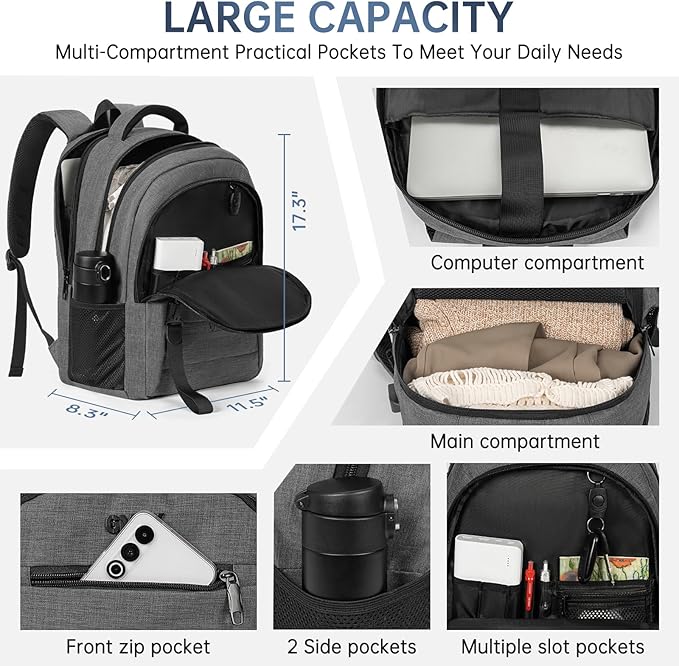 GMAK Travel Laptop Backpack for Men & Women, Business Anti Theft Laptops Backpacks with USB Charging Port, Fits 15.6 Inch Notebook, Water Resistant College School Computer Bag for Travel Sports, Grey