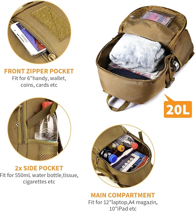 HUNTVP 20L Tactical Backpack Military MOLLE Backpack Daypack Rucksack Gear Tactical Assault Pack Bag for Hunting Camping Trekking (20L-Dark Brown)