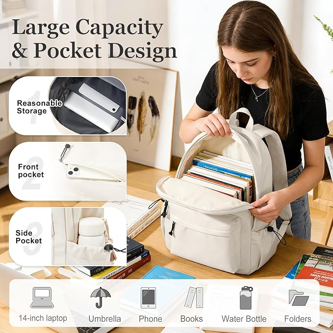 Middle School Backpack For Men Women Simple Backpack For College Students Aesthetic High School Bag Waterproof Bookbag For Teens Girls Boys（Beige）