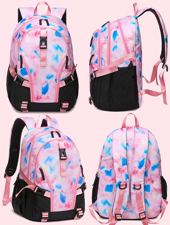 BLUEFAIRY High School Backpack for Girls Boys Middle School Bookbag for Kids Back to School Bag for College with Large Compartment Casual Daypack Mochilas para Niñas Adolescentes 18" Tie Dye Pink