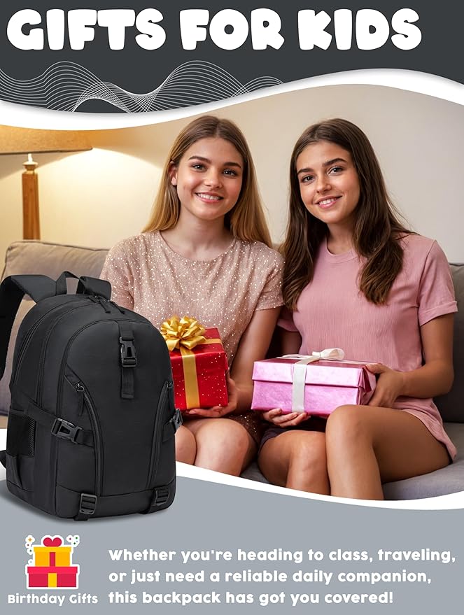BLUEFAIRY High School Backpack for Girls Boys Middle School Bookbag for Kids Back to School Bag for College with Large Compartment Casual Daypack Mochilas para Niñas Adolescentes 18" Coal Black