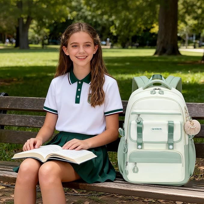 School Backpack for Girls, Laptop Backpack 15.6 Inch Kids Elementary Middle High School Bag Anti Theft Cute College Bookbags for Teens Girls Women Students Casual Travel Daypack,Green Beige