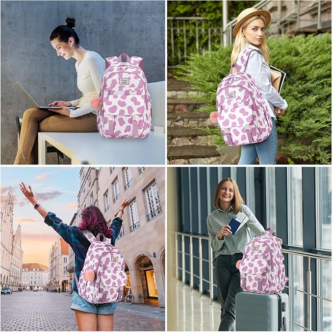 School Backpack for Teen Girls, Cute College Backpacks for Women Students Aesthetic Bookbag Large 15.6 Inch Laptop Bag Middle School Travel Back Pack (Cow Print Purple)