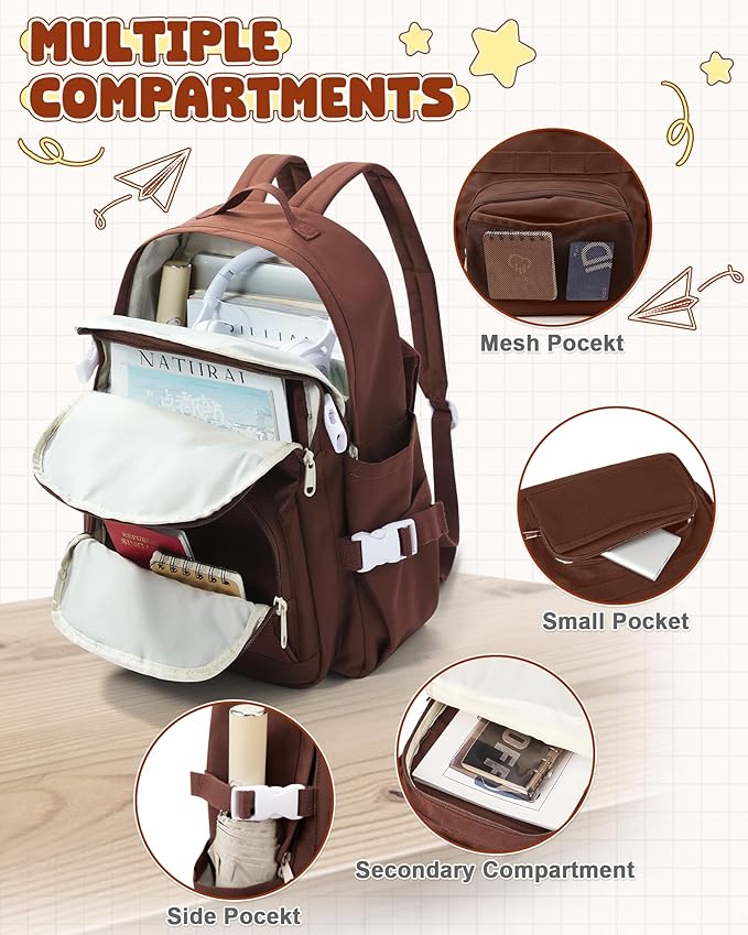School Backpack for Teen Girls Boys Multi-pocket Middle School Bag Cute College Backpack for Women Men Elementary Student Bookbags Aesthetic Backpacks Casual Daypacks Coffee