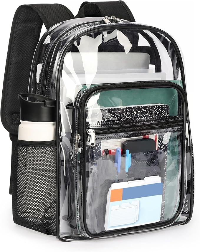 ZORFIN Clear Backpack Heavy Duty for School – 17in Transparent PVC Bag with Large Capacity & Reinforced Straps for Men, Women, Boys & Girls - See Through Bookbag for College Workplace Security, Black