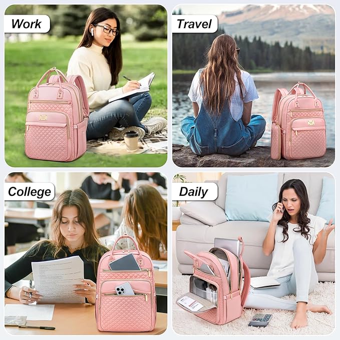 Laptop Backpack for Women,15.6 Inch Laptop Backpack for Work,Water Resistant Travel Backpack,College Bookbag with Wallet (Pink-1)