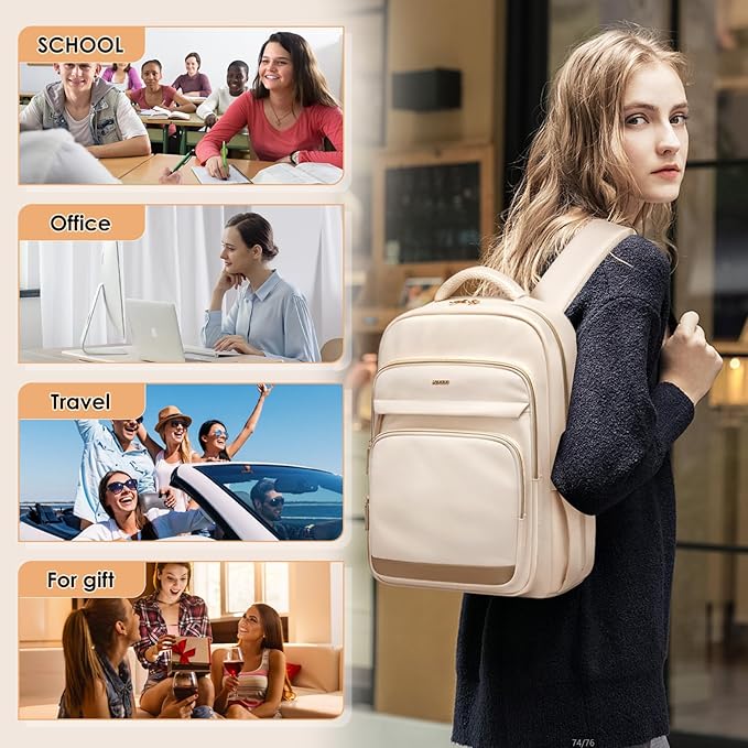 Laptop Backpack for Women,Travel Backpack with Laptop Compartment,Casual Daypack College Bookbag Computer Backpack for Work with Small Organizer Bag,Beige