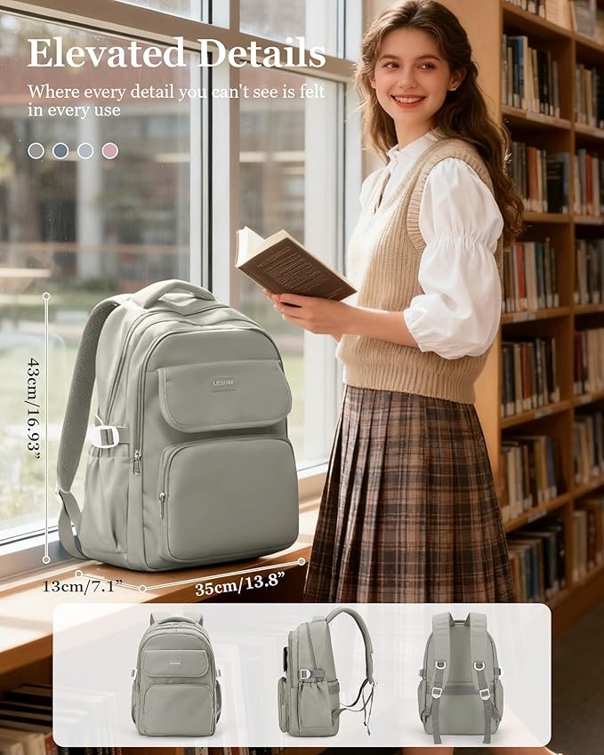 Cute Middle School Backpack For Teen Girls,Waterproof Casual Bookbags,Lightweight Travel Daypack,Basic Laptop College Backpack For Women(grey brown）