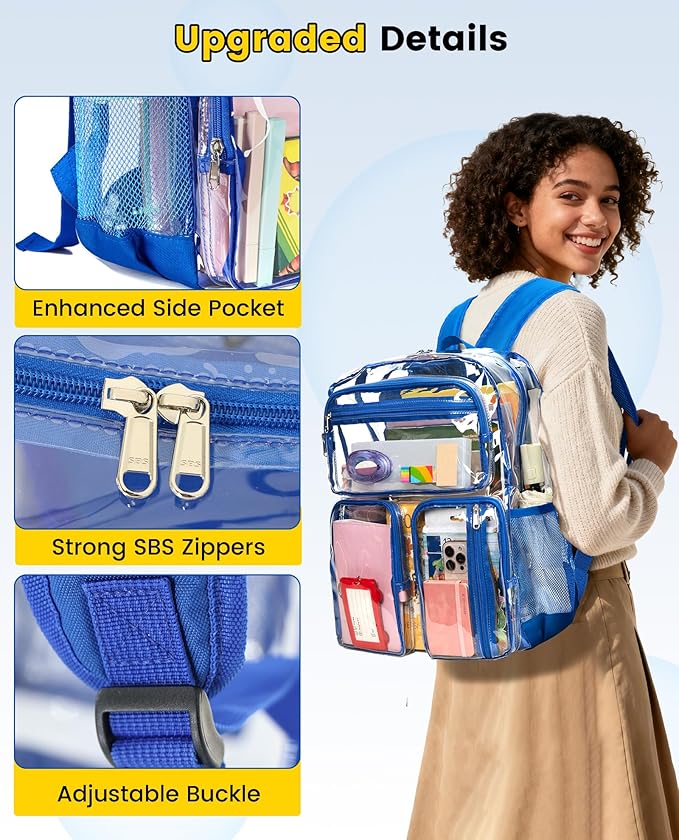 Vorspack Clear Backpack Heavy Duty - Extra Large Clear Bookbag Transparent See Through Backpacks for College Work Festival - Blue