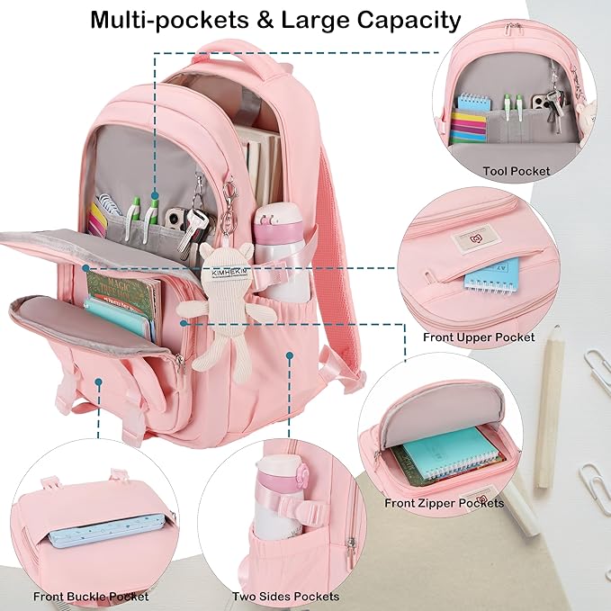Hidds College Backpack Laptop Backpacks 15.6 Inch for Men Women Elementary Middle High School Book Bag For Teens Girls Boys Student Anti Theft Travel Daypack Large Bookbags-Pink