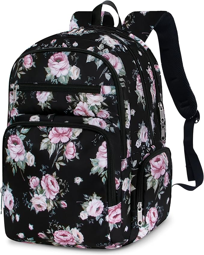 Large Backpack for Women Backpack with Lots of Pockets for Travel Work School Bookbag with Laptop Compartment for High School College Girls Mochilas Morrales para Mujer (Black/Pink, Floral)