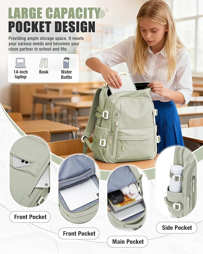 BOXSAM Lightweight Backpack for Women, Large Laptop Travel Backpack Casual Daypack College Bag Rucksack for Men. Green
