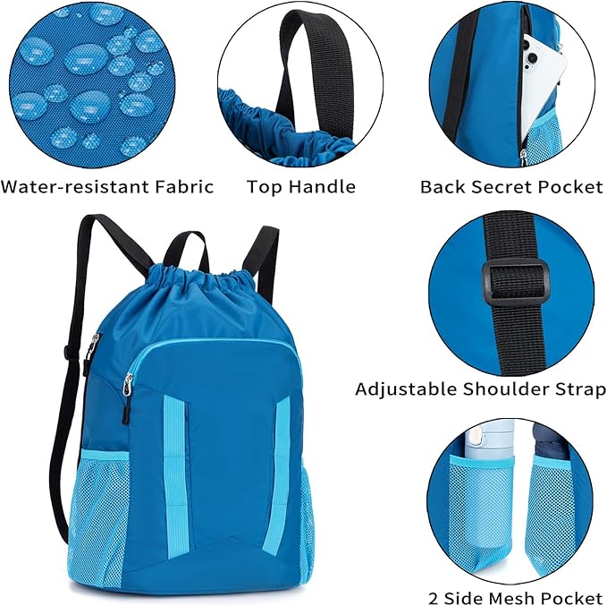 Drawstring Backpack for Kids Sports Gym Bag with Shoes Compartment, Water Resistant Beach Swim Bag String Backpack for Boys and Girls, Blue