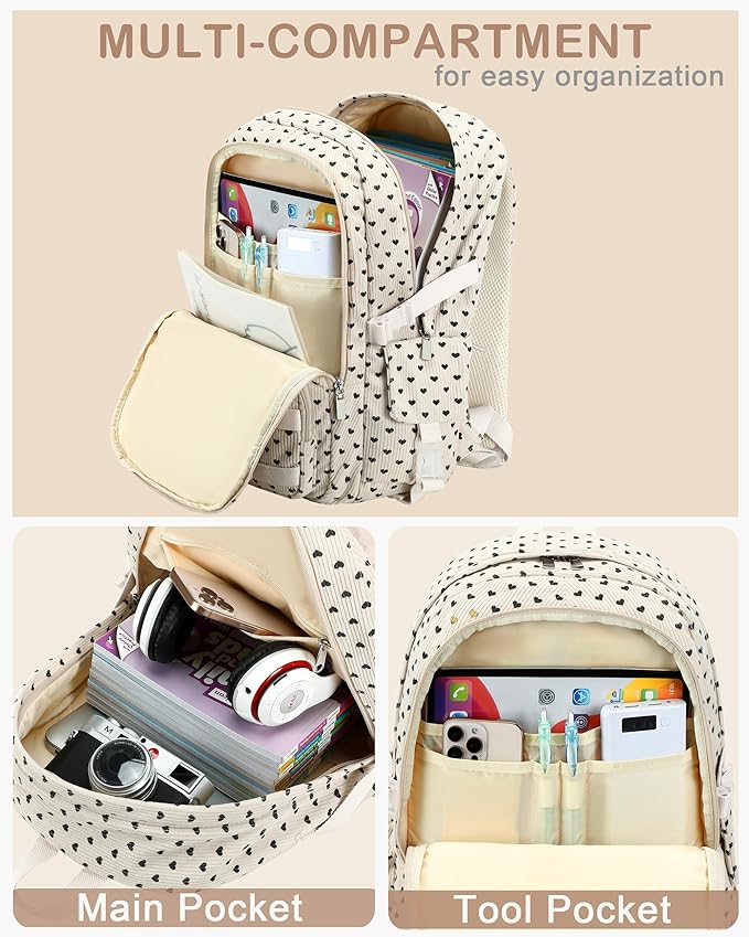 School Backpack for Teens Girls Women 15.6 Inch Laptop College Backpacks Corduroy Work Bag Kids Elementary Middle High School Bookbag Students Back Pack Travel Daypack Womens-Corduroy Beige Heart-1