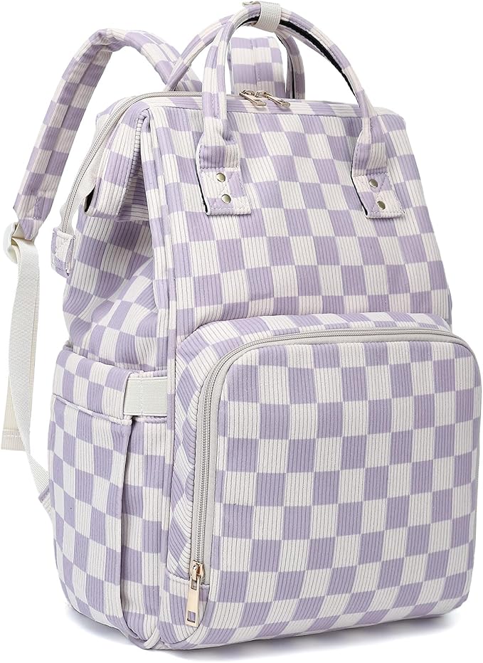 Laptop Backpack for Women, Corduroy College School Backpack Bookbag 15.6 inch Business Computer Travel Backpack (Checkered Purple)