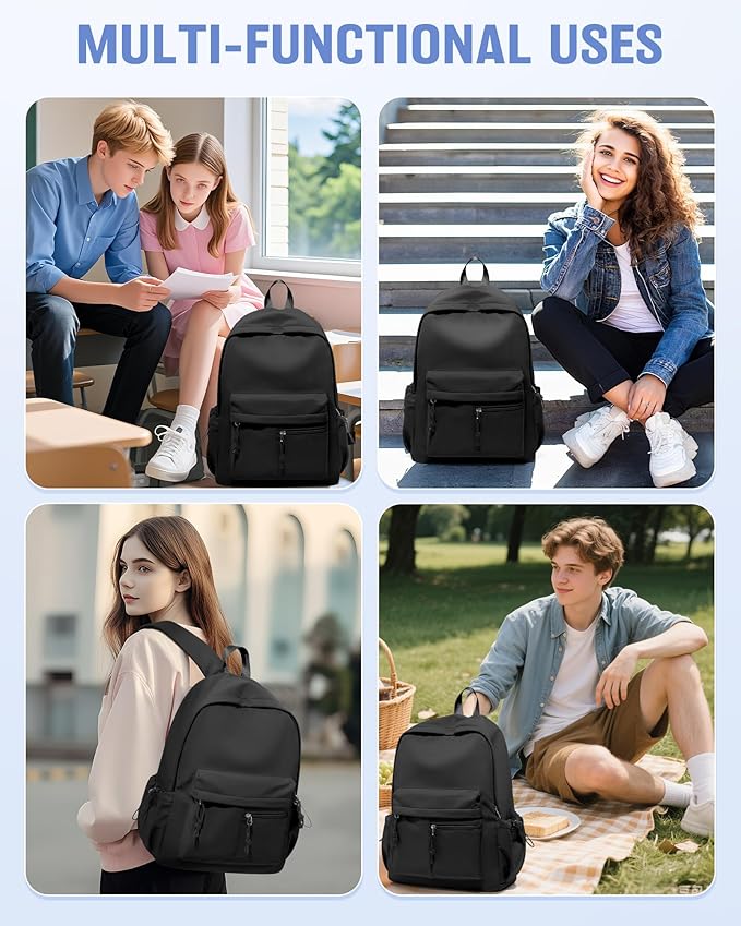 Black School Backpack for Girls Boys Bookbag Cute Aesthetic College Backpack Women Middle High School Teen Students Book Bag Lightweight Gym Work Laptop Casual Daypack Backpacks Men