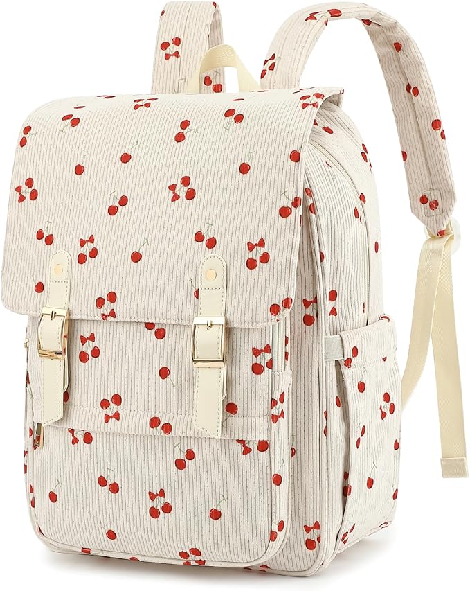 Women Laptop Backpack, Corduroy 15.6" Travel Backpack for Work College Business, Teacher Nurse Bag with Large Capacity School Bookbag Bags for Girls - Cherry Bow Beige