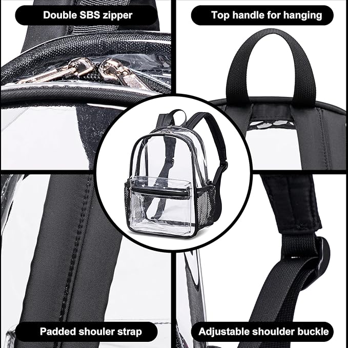 BTOOP Clear Mini Backpack for Stadium Events 12x12x6 Small Transparent Backpacks Plastic See Through Clear Bag for Concerts Work Festival Security Travel