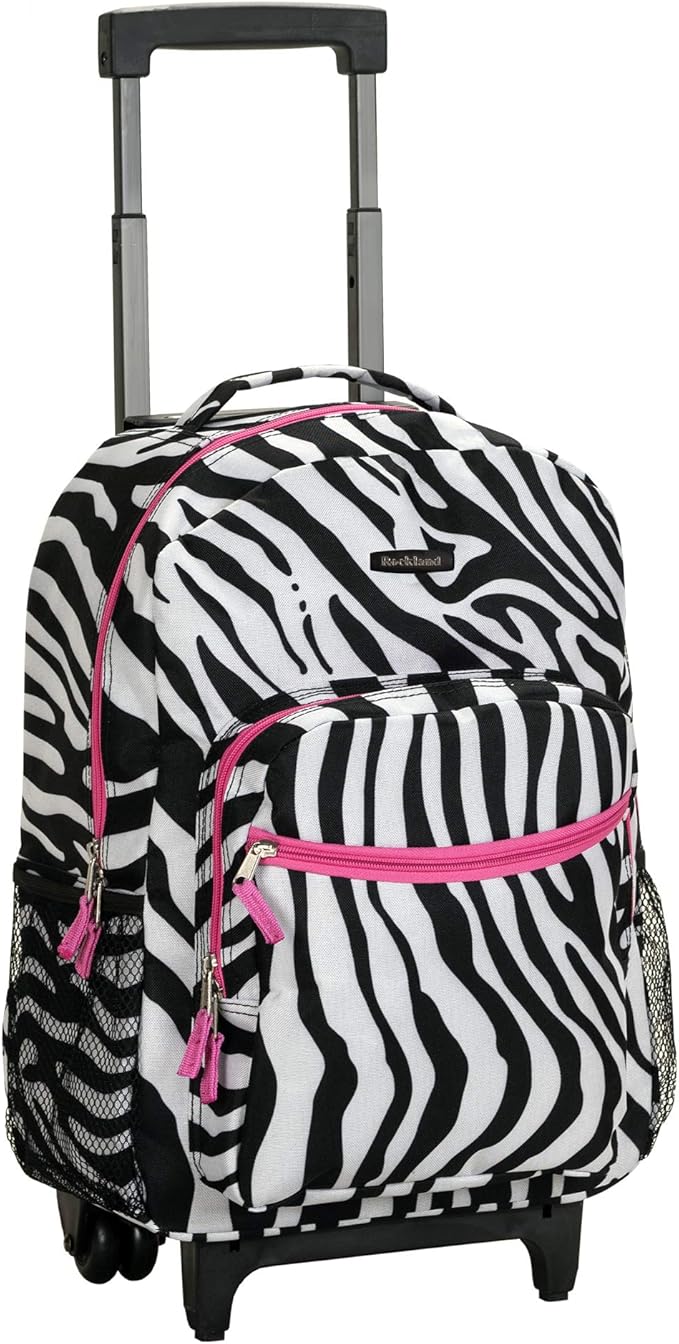Rockland Double Handle Rolling Backpack, Pink Zebra, 17"