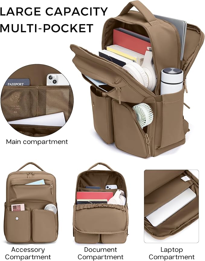 FODOKO Backpack for Work, Casual Backpack for Women Men Daypack Backpack for Travel College Bookbag Separate Compartment for 15.6 Inch Notebook Brown