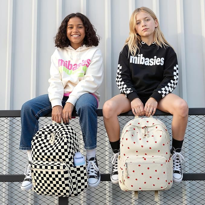 mibasies School Backpack for Girls with Laptop Sleeve: 18IN Large Capacity Corduroy Bookbag for Primary Middle School/College, Travel Daypack for Teens Women - Black Checkered