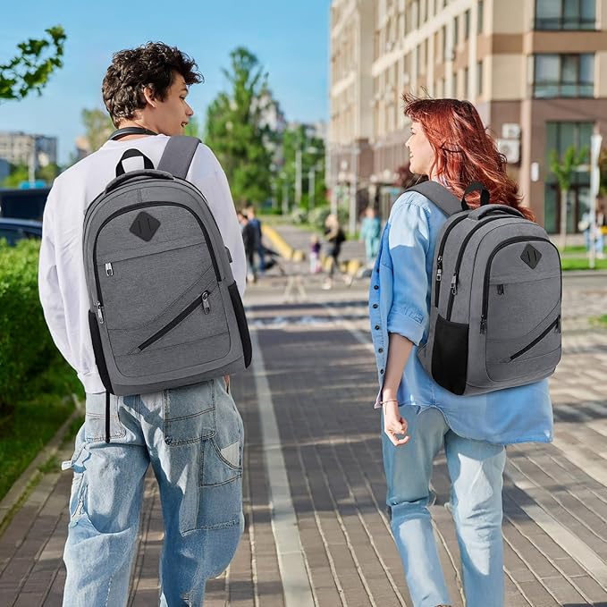 School Laptop Backpack for Women Men: 15.6 Inch College High School Backpacks with USB Charging Port Waterproof Travel Back Pack with Anti-theft Pockets Casual Work Daypack for Boys Students (Gray)