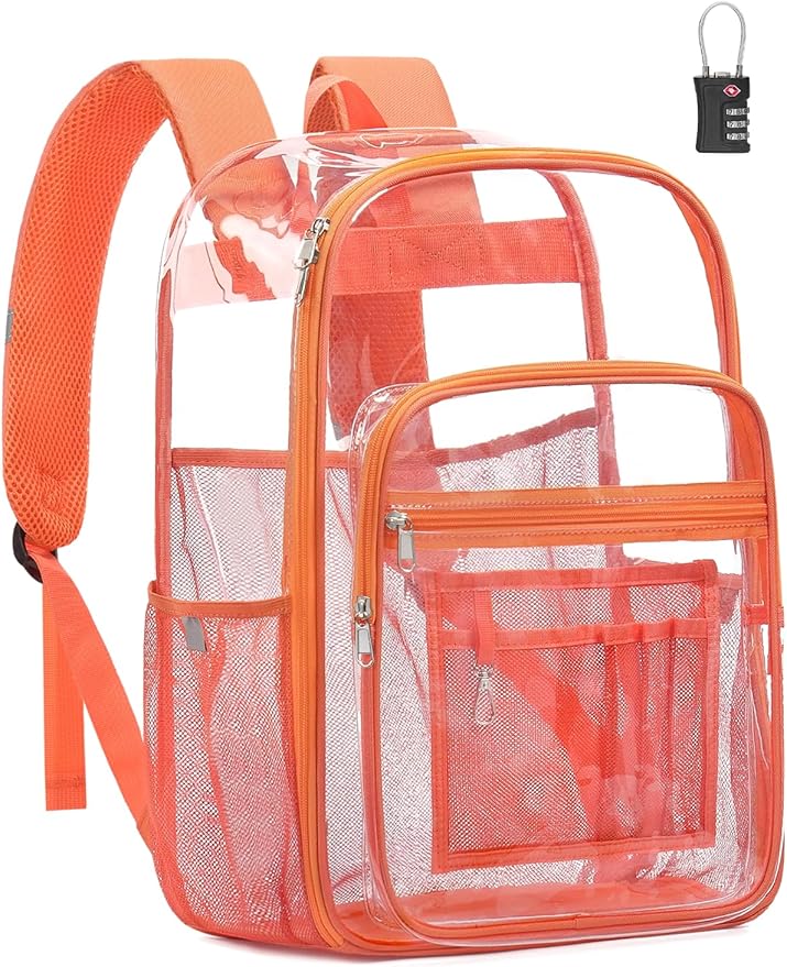 Extra Large Clear Backpack with TSA Lock, Heavy Duty Transparent See Through Clear Bookbag for College, Work, Travel, Casual Sport, Orange