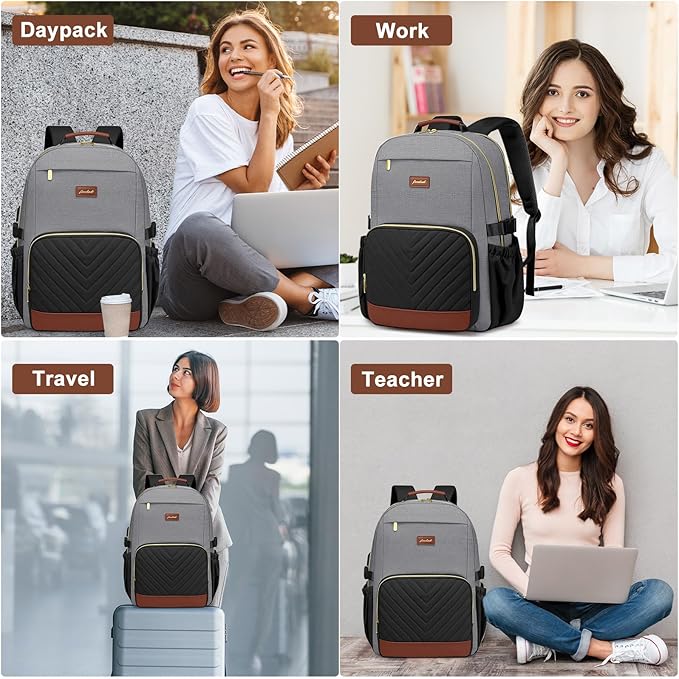 Laptop Backpack for Women Bookbag: 17 inch Work Backpacks with Pouch Pocket for Large Capacity Cup & USB Charger College Book Bag Travel Business Nurse Teacher Bookbags Anti-theft Back Pack